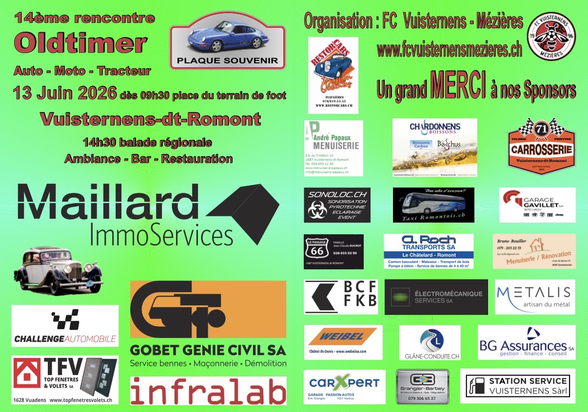 Flyer de la 14ème rencontre Oldtimer 2026 à Vuisternens-devant-Romont organisée par le FC Vuisternens-Mézières